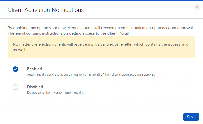 The client activation notifications panel in advisor portal. 